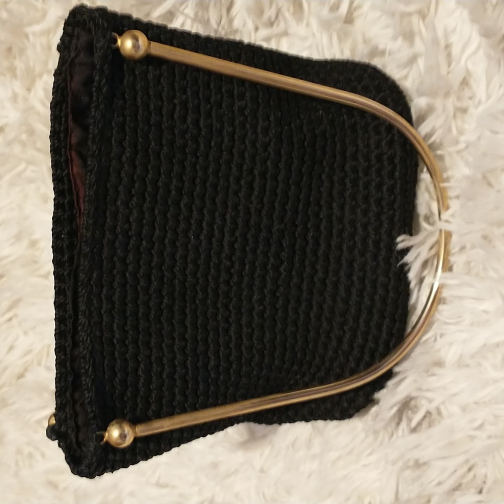 Mama Pita black crotched handbag with gold metallic double handles, vintage